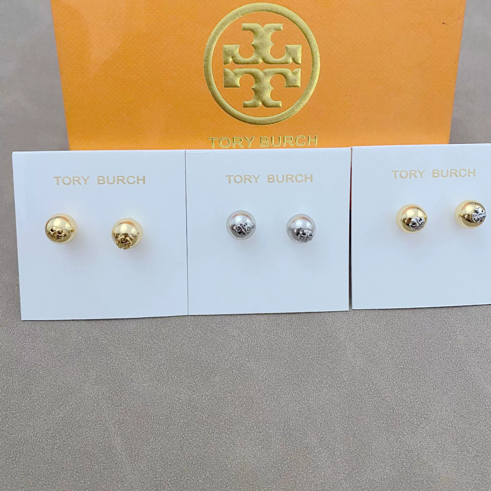 Tory Burch Pearl Inlaid Logo Small Round Earrings